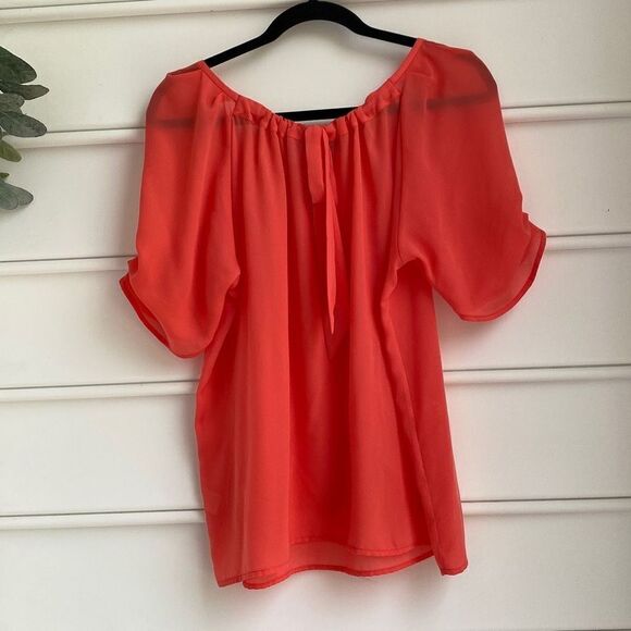 Cynthia Rowley Pleated Short Sleeve Chiffon Tie Neck Dressy Blouse Coral Large - Picture 5 of 12